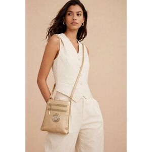 Vintage Gold Metallic Crossbody Bag Tree of Life Zipper Pockets Small Purse